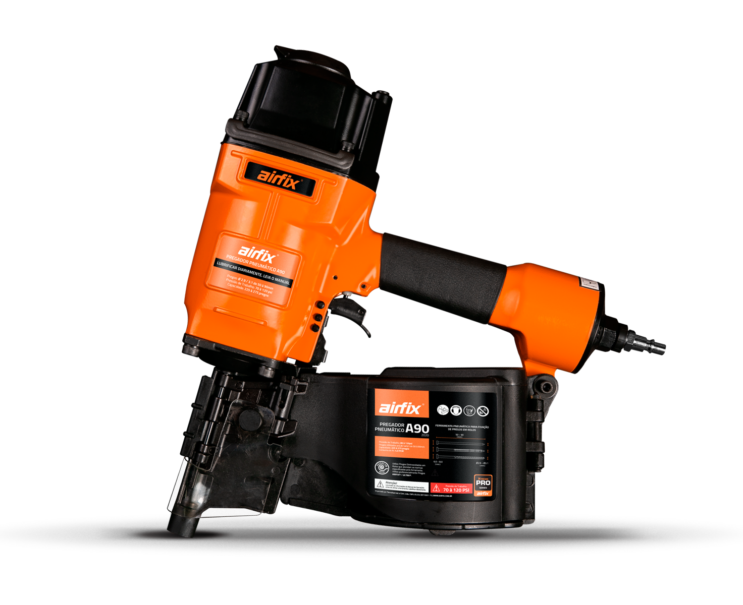 Ferramenta de pregoador pneumático da marca Airfix, modelo A90, na cor laranja, com detalhes em preto, sobre uma superfície cinza escura, com fundo preto.