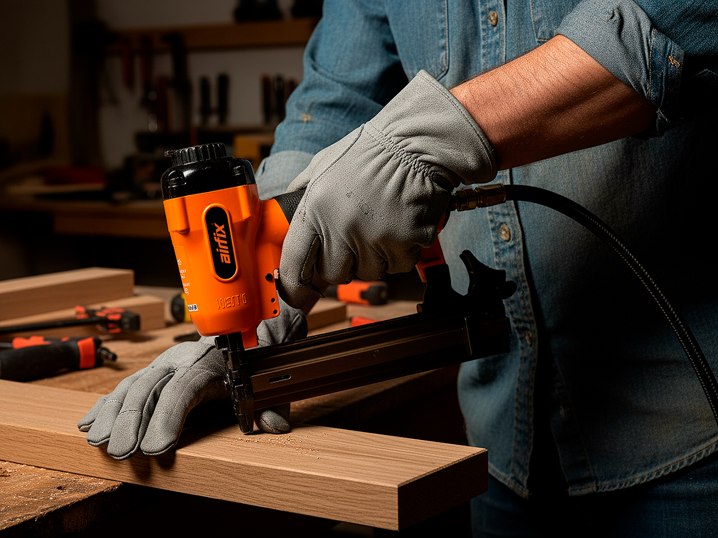 Pessoa usando luvas de proteção utilizando uma pistola de pregos em uma peça de madeira em uma oficina de marcenaria.