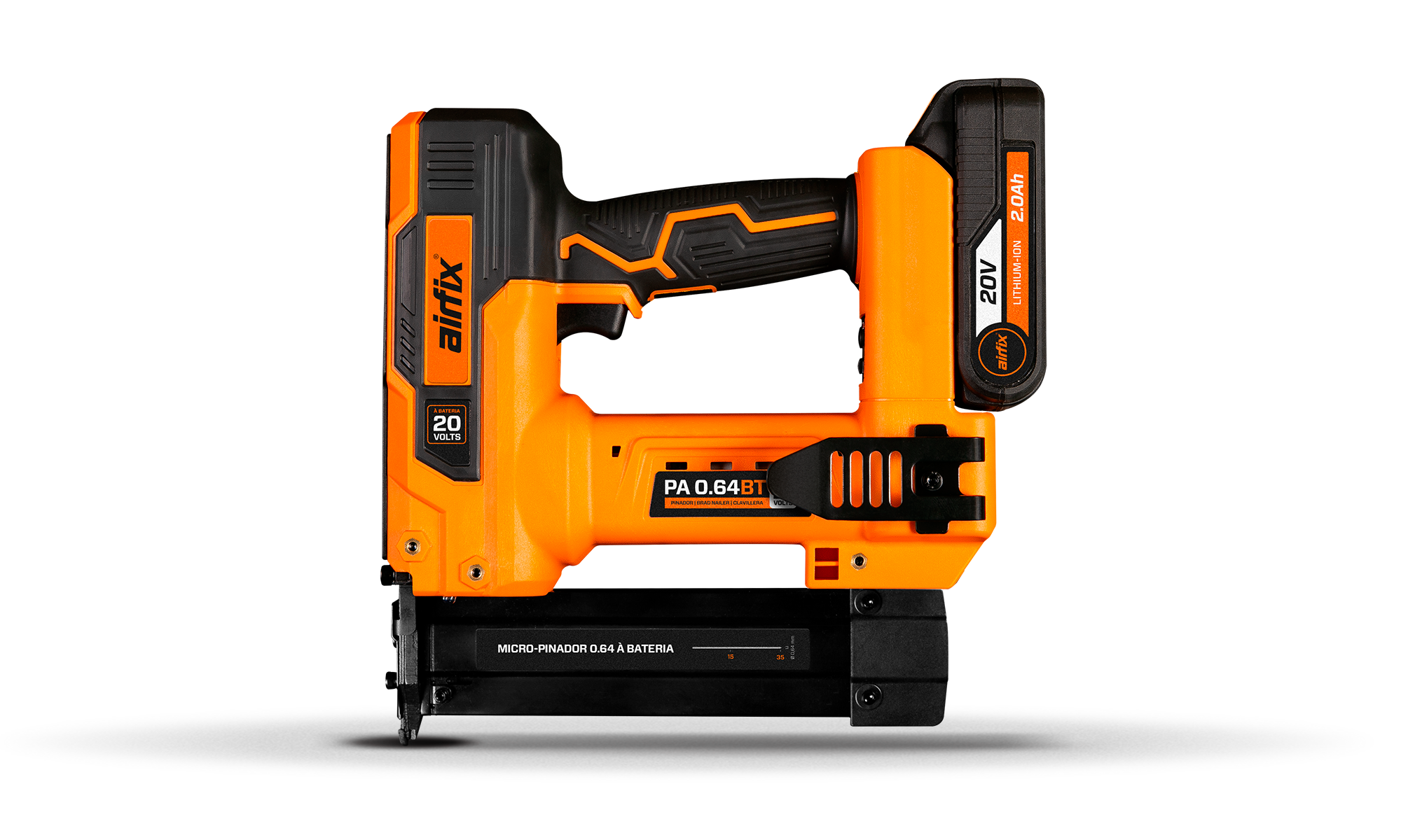 Ferramenta elétrica portátil, cor laranja e preta, com bateria destacada, apresentada sobre uma superfície cinza.