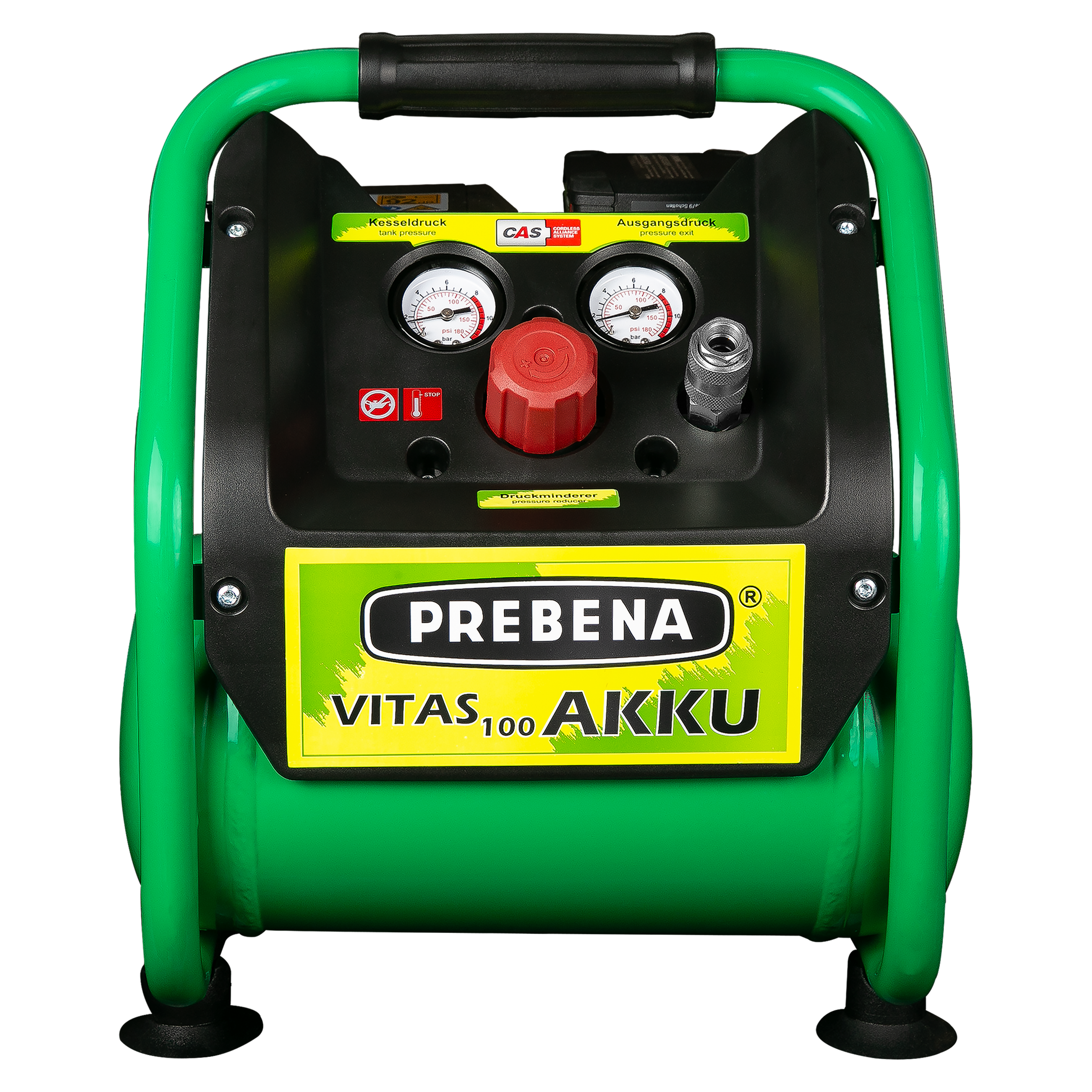 Gerador portátil verde com painel de controle que inclui manômetros, botão vermelho e conexões, marca Prebena, modelo Vitas 100 Akku.