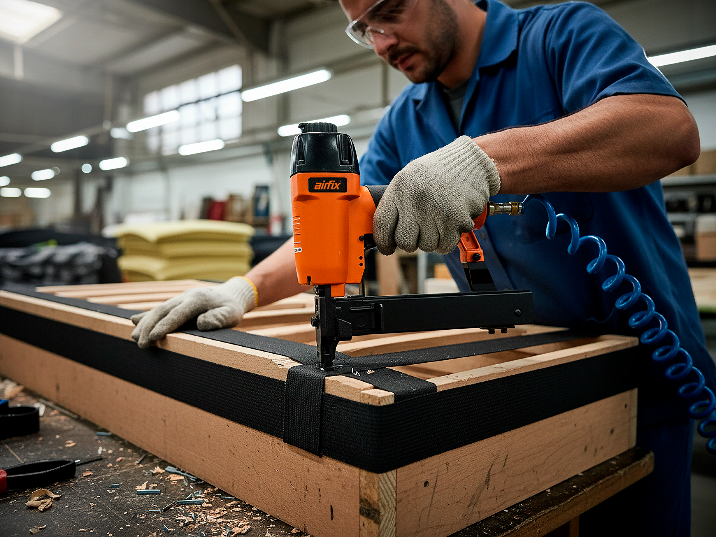 Homem trabalhando com uma prensa pneumática em uma bancada de madeira na oficina.