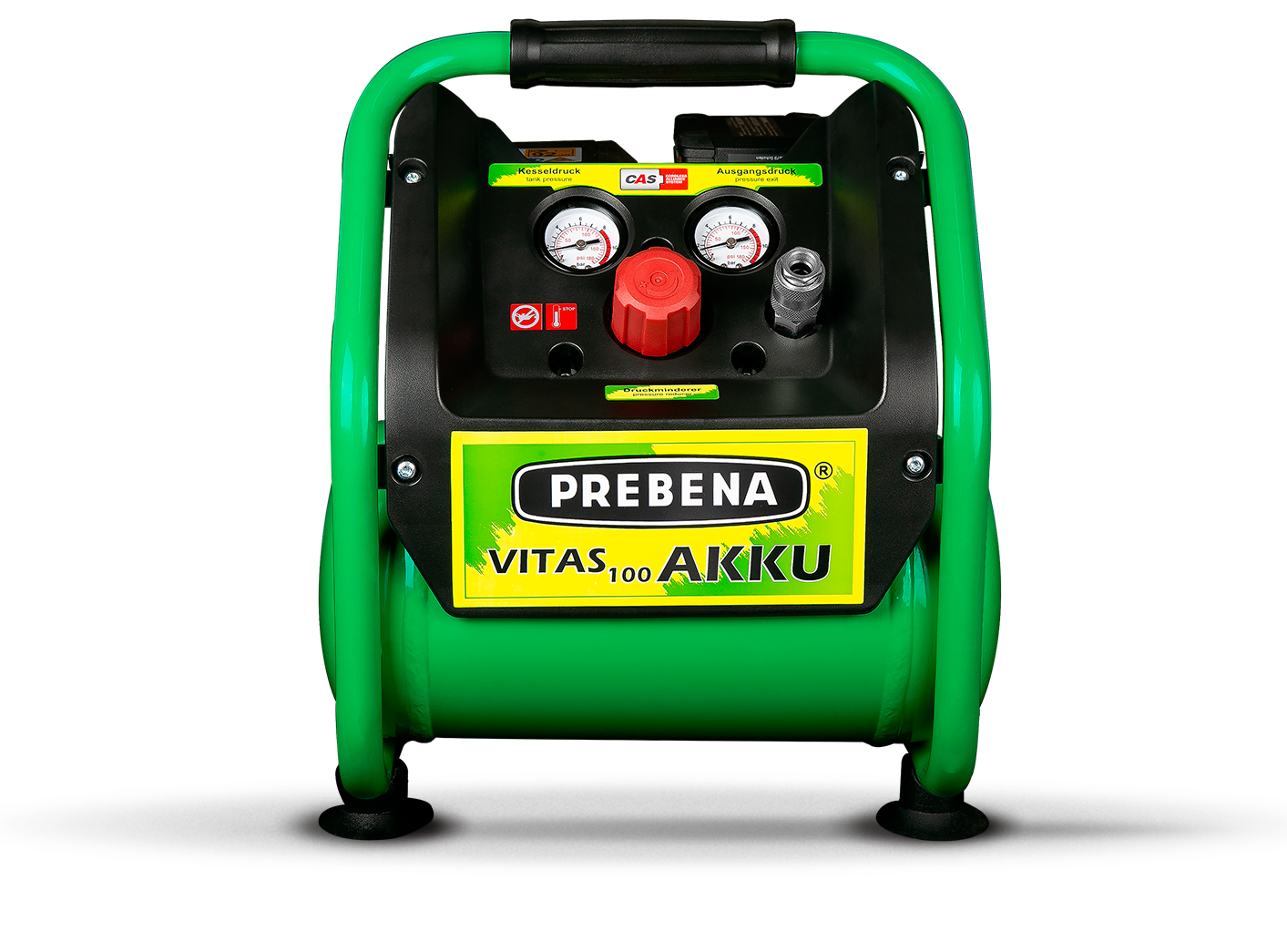 Bomba de ar portátil verde com painel de controle, dois manômetros, uma válvula, uma tampa vermelha e uma conexão de mangueira, com uma etiqueta preta, amarela e verde com o texto "PREBENA VITAS 100 AKKU".