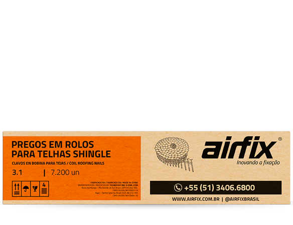 Etiqueta laranja de pregos em rolos para telhas shingle, com detalhes técnicos e contato da empresa Airfix.
