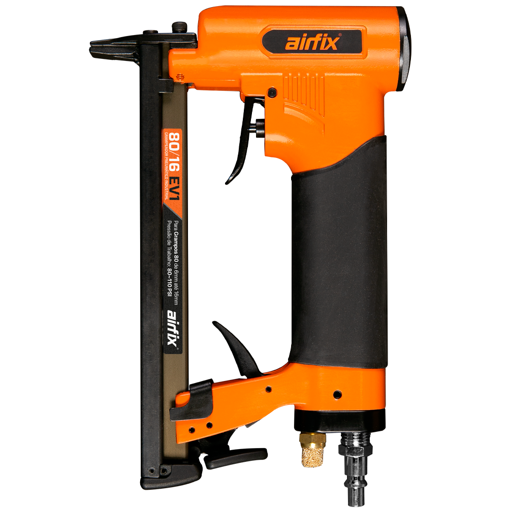 Pistola de cola quente da marca Airfix com corpo laranja e detalhes pretos.