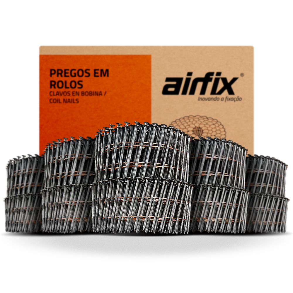 Conjunto de pregos em bobinas com caixa de embalagem ao fundo, marca Airfix.