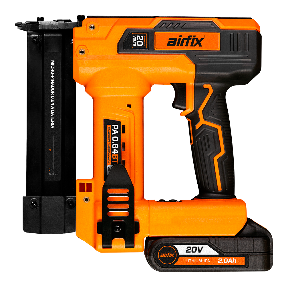 Ferramenta elétrica portátil da marca Airfix, cor laranja e preta, com bateria de 20V e capacidade de 2.0Ah.