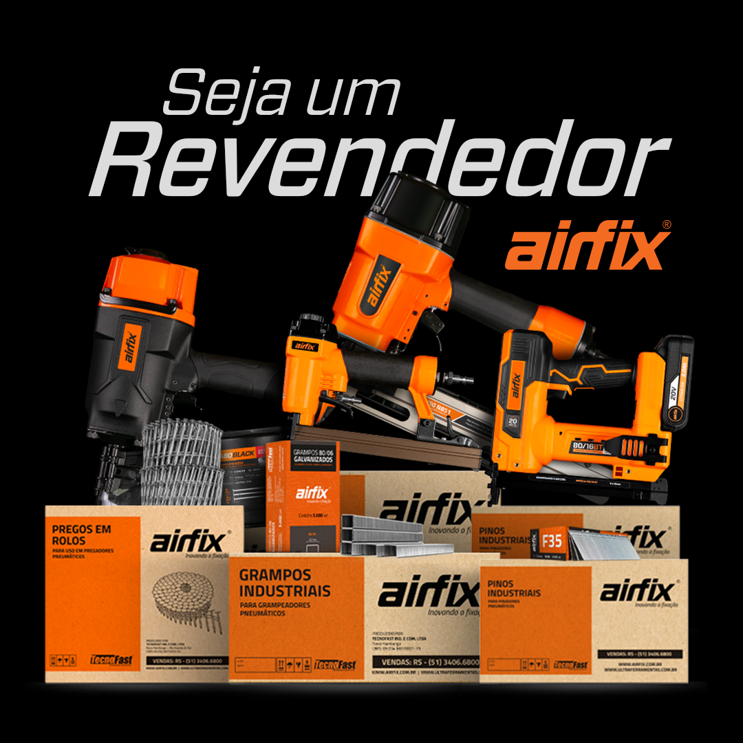 Imagem de ferramentas e acessórios da marca Airfix, incluindo uma pistola de pintura, martelinho pneumático, e caixas de grampos, para vendas industriais. Texto na imagem diz 'Seja um Revendedor Airfix'.