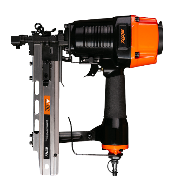 Ferramenta de fixação de energia com corpo preto e laranja, metal e componentes de plástico, marca 'ainix', modelo A32.