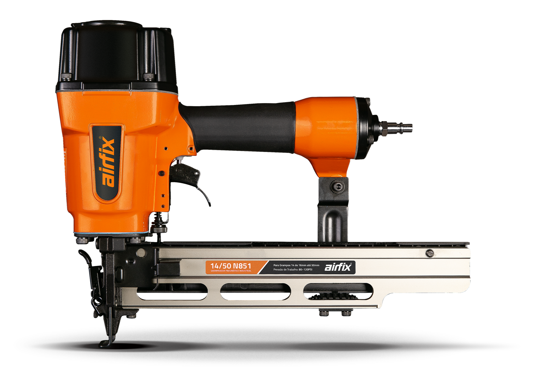 Broca Pneumática de cor laranja e preta contra fundo preto.