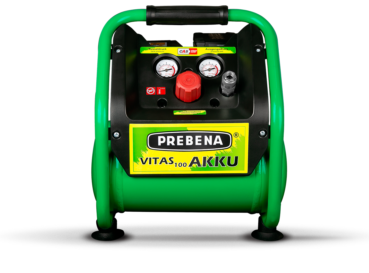 Bomba de ar portátil verde com painel de controle, mostra dois medidores e rótulo com a marca 'PREBENA', e a inscrição 'VITAS 1,00 AKKU'.