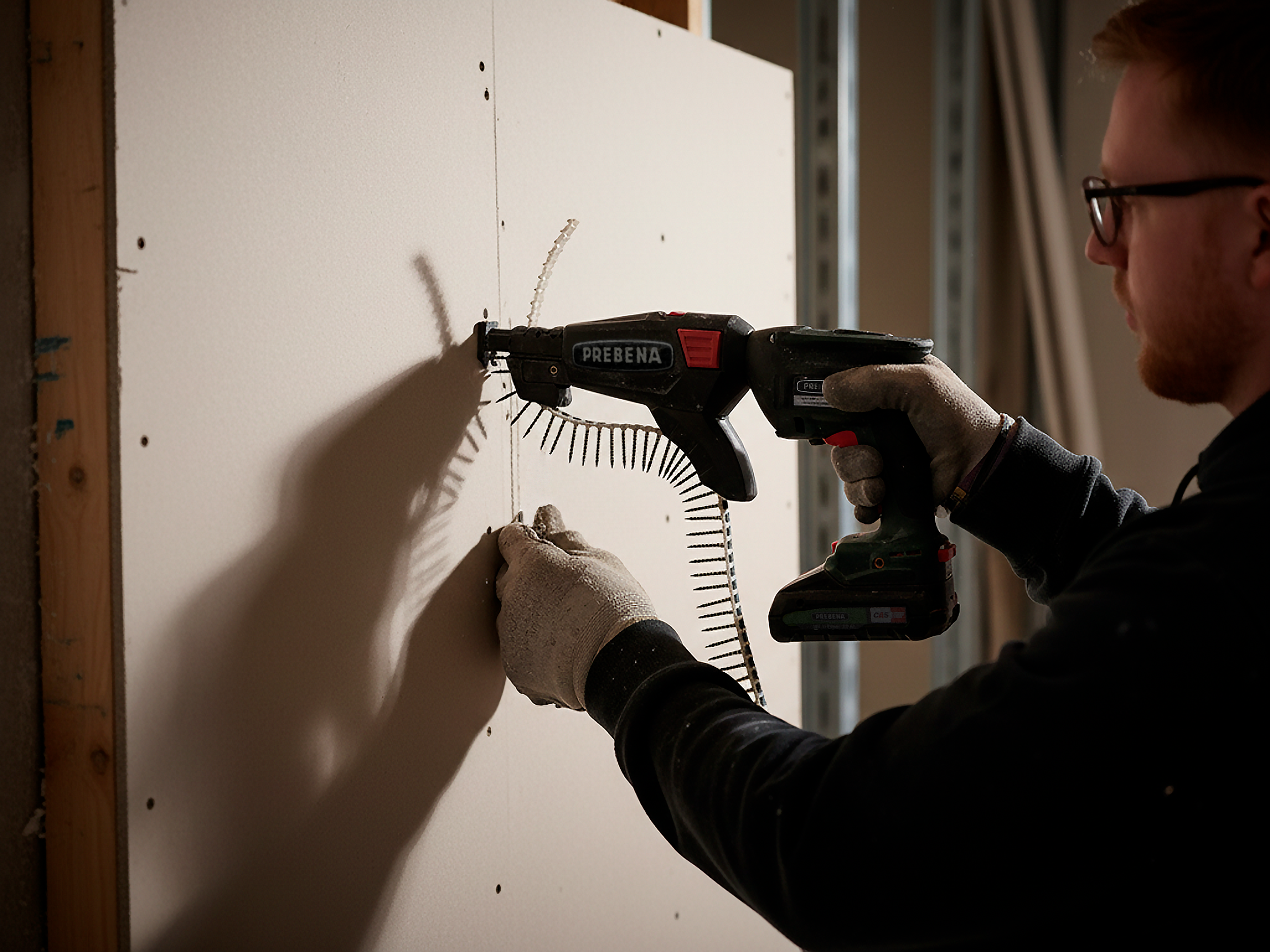 Pessoa usando uma furadeira paraFixar uma prateleira em uma parede de drywall