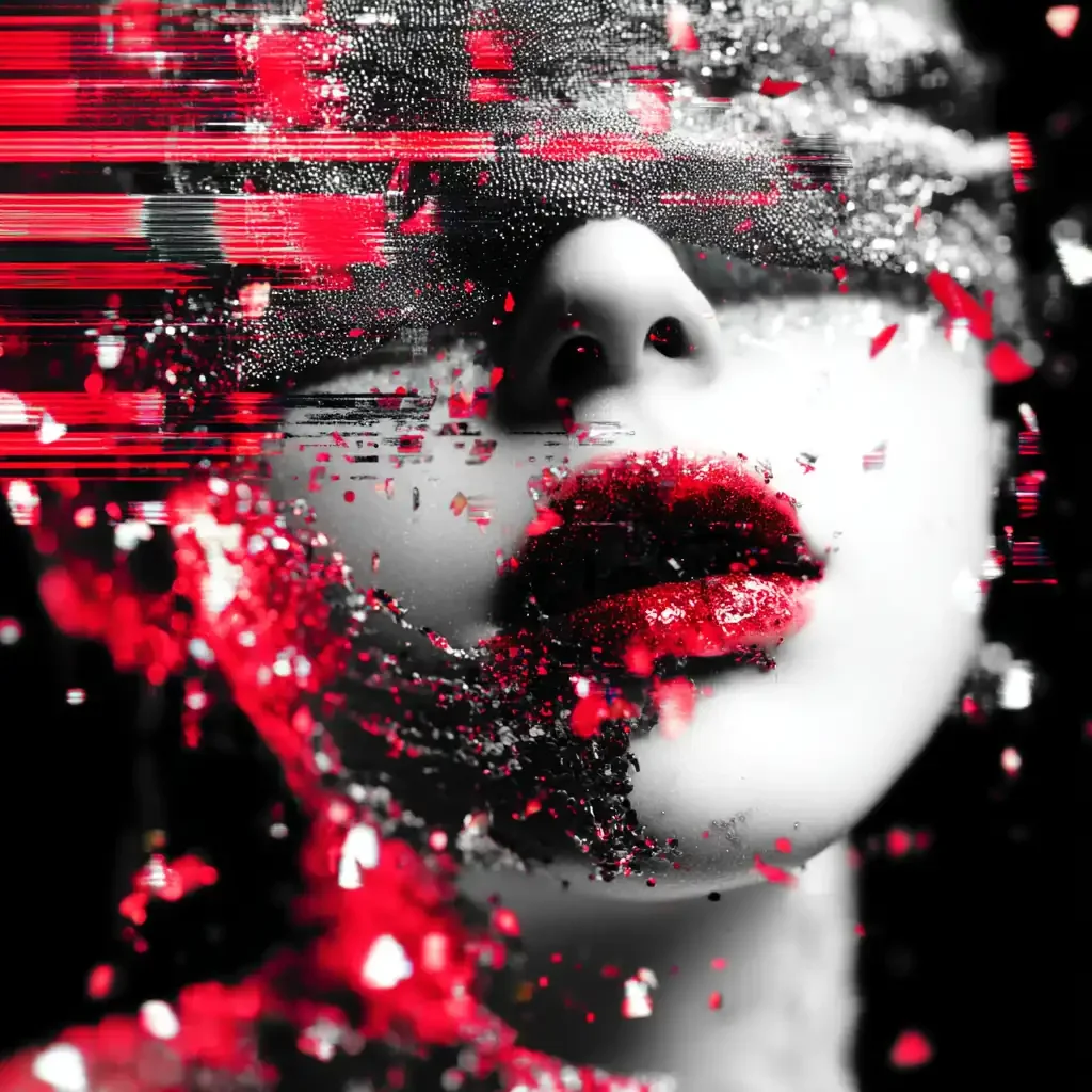 volto dissolto nel glitch, frammenti rossi e neri che si disgregano nel vuoto evocando la perdita dell’identità