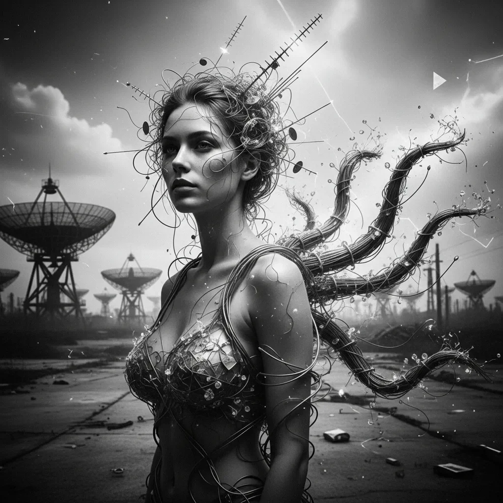 Donna con appendici neurali e antenne metalliche, sfondo di parabole industriali, bianco e nero surreale