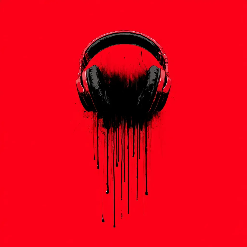 Cuffie nere su sfondo rosso acceso, simbolo della sezione Playlist di Smateriae e del suo universo musicale dark sarcastico.