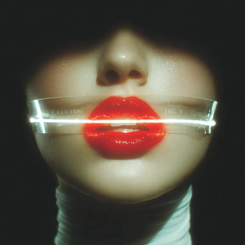 Labbra rosse attraversate da fascio di luce nel buio