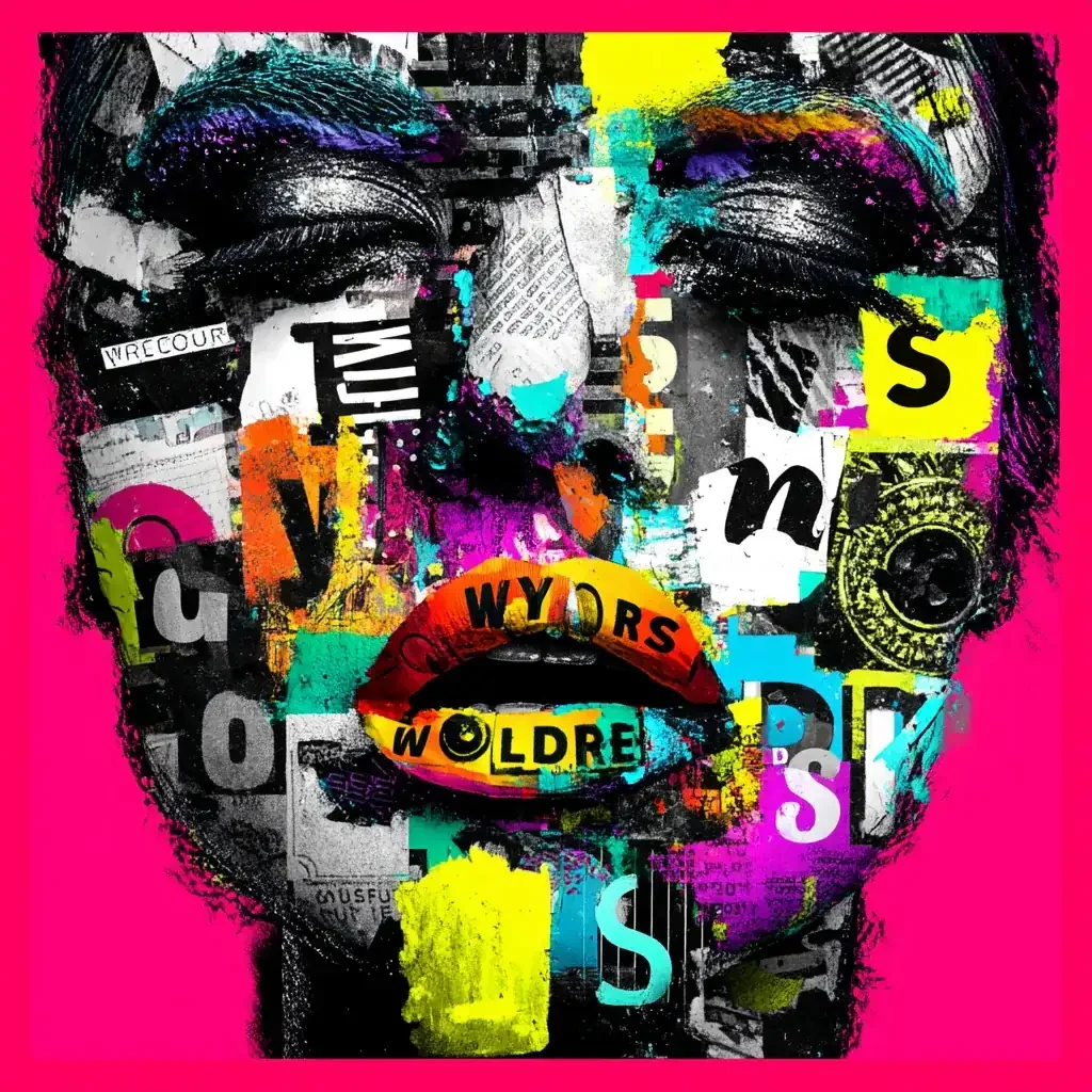 collage glitchato e cromatico di frammenti tipografici e labbra rosse, esplosione di parole vive e segnale visivo