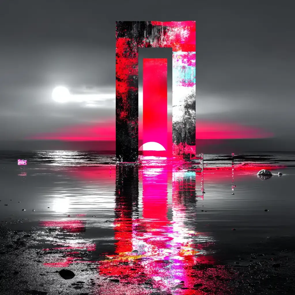 portale glitch in rosso e nero sospeso sull’acqua, luce distante che richiama il ritorno interiore, simbolo di passaggio e memoria digitale, estetica poetica