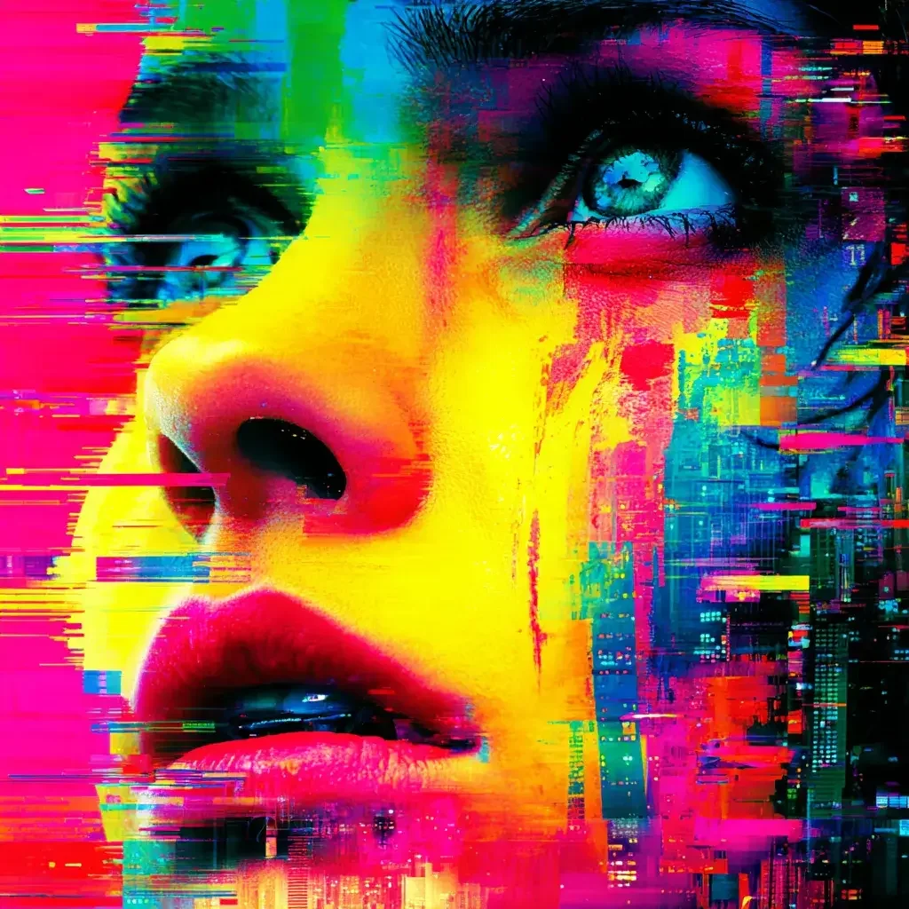 Volto di donna frammentato da glitch digitali in magenta, giallo e blu elettrico, sguardo intenso tra pixel e distorsioni urbane