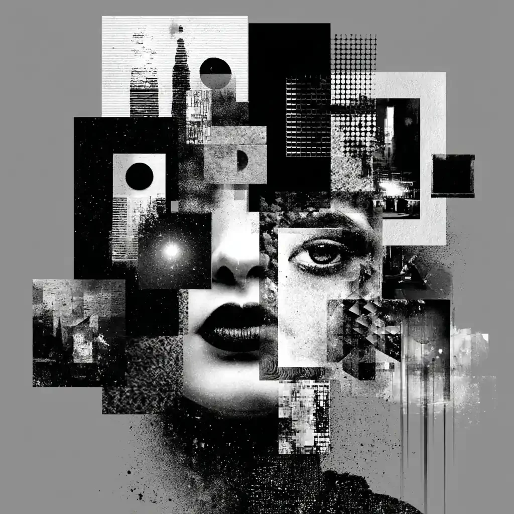 composizione astratta glitch in bianco e nero, frammenti digitali che formano un volto parziale, simbolo di confessione e identità fratturata, estetica dark