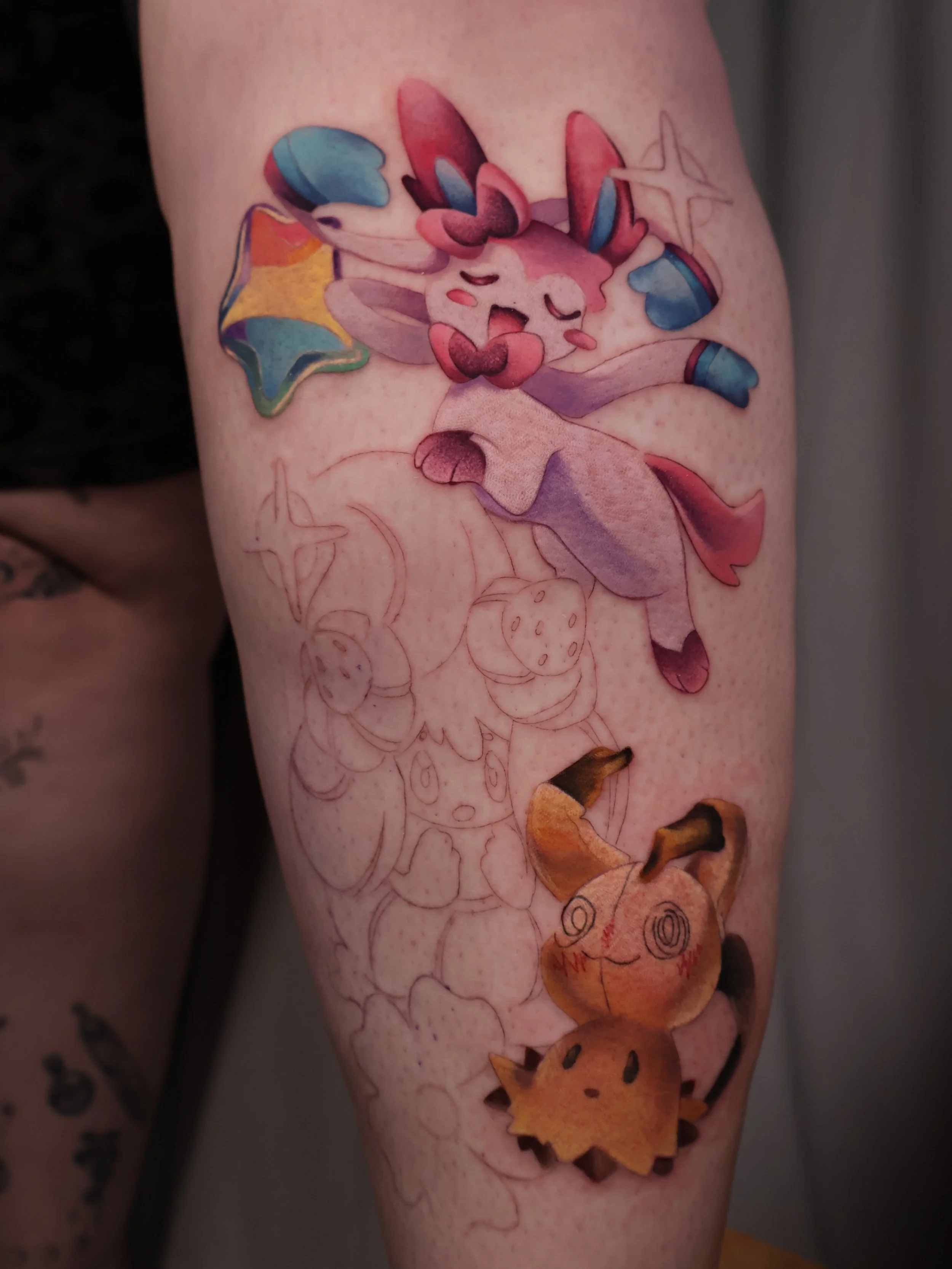 A WIP Pok&eacute;mon piece for McKayla !🥰 

#pokemontattoo #sylveontattoo #mimikyutattoo #sanantoniotattooartist #austintattooartist