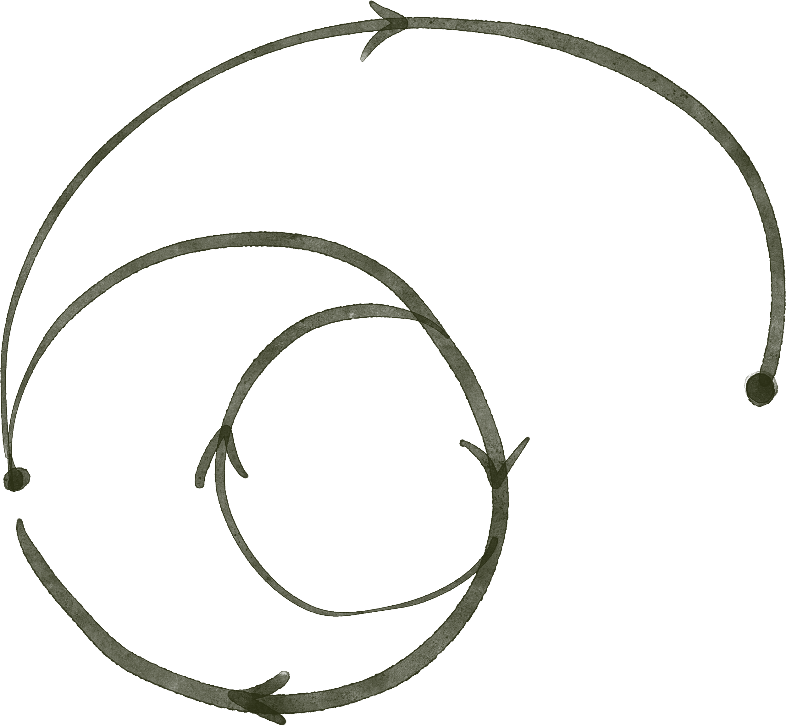 Spiral of black arrows forming a continuous path, starting from the bottom left and turning clockwise around a central point.