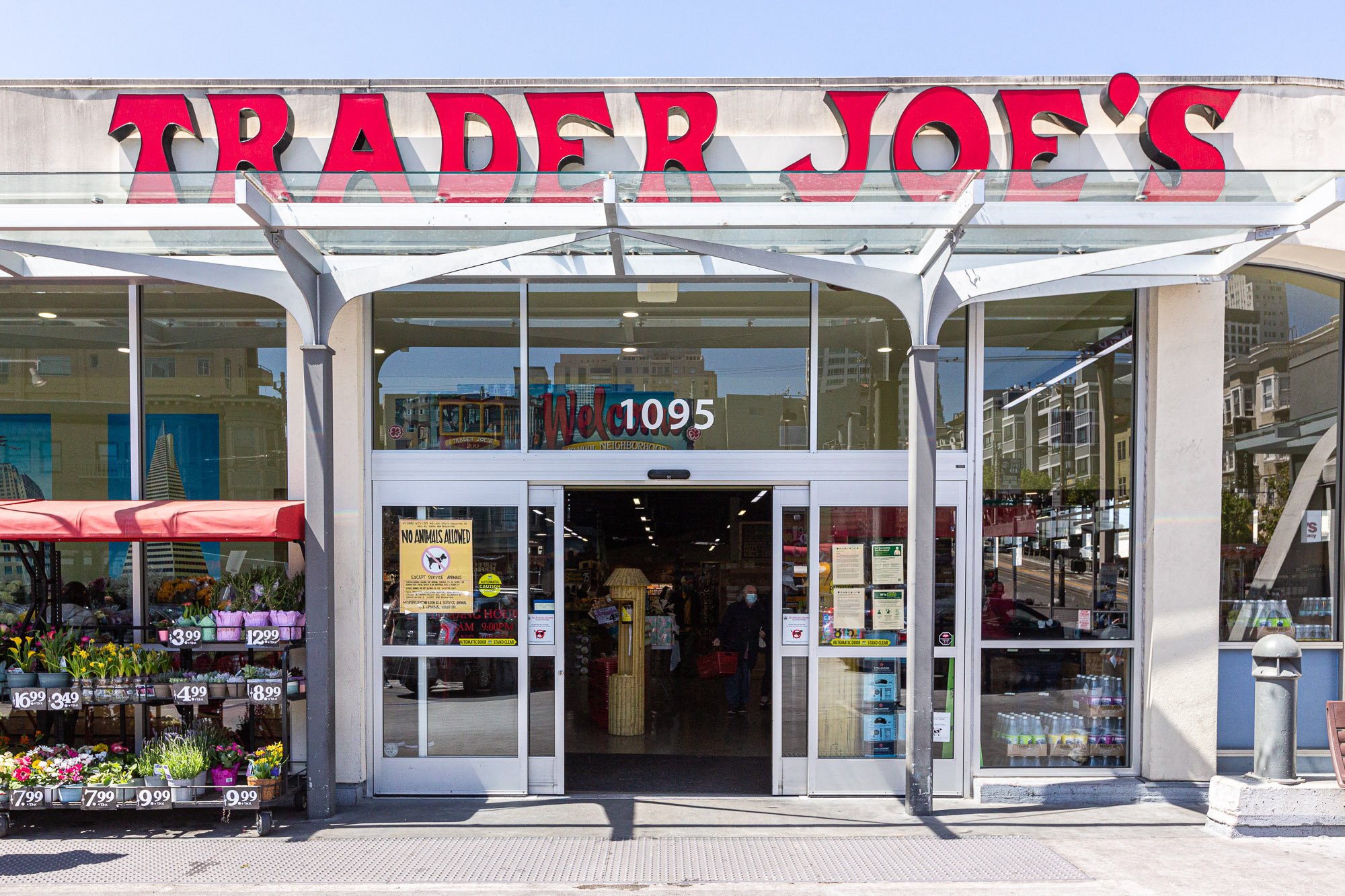 Front view of Trader Joe's grocery store with glass doors, a sign reading 'Welcome 095', and flower displays outside.