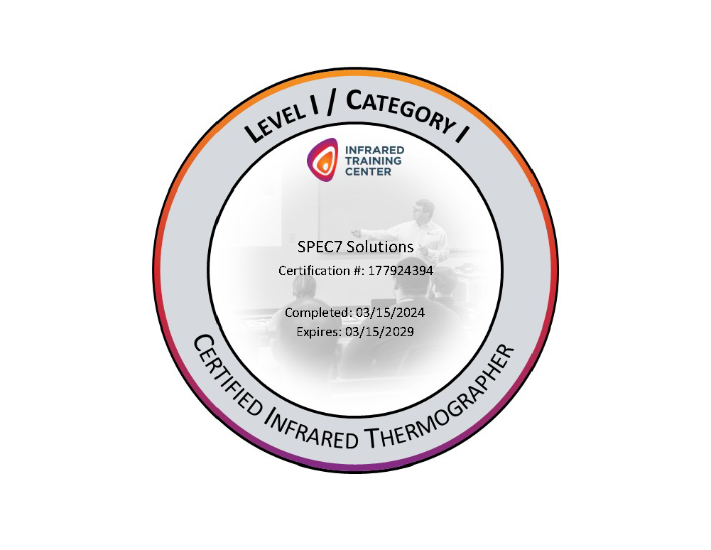 Certification badge for a Certified Infrared Thermographer, Level I / Category I, from Infrared Training Center, with certification number, completion date March 15, 2024, and expiration date March 15, 2029.