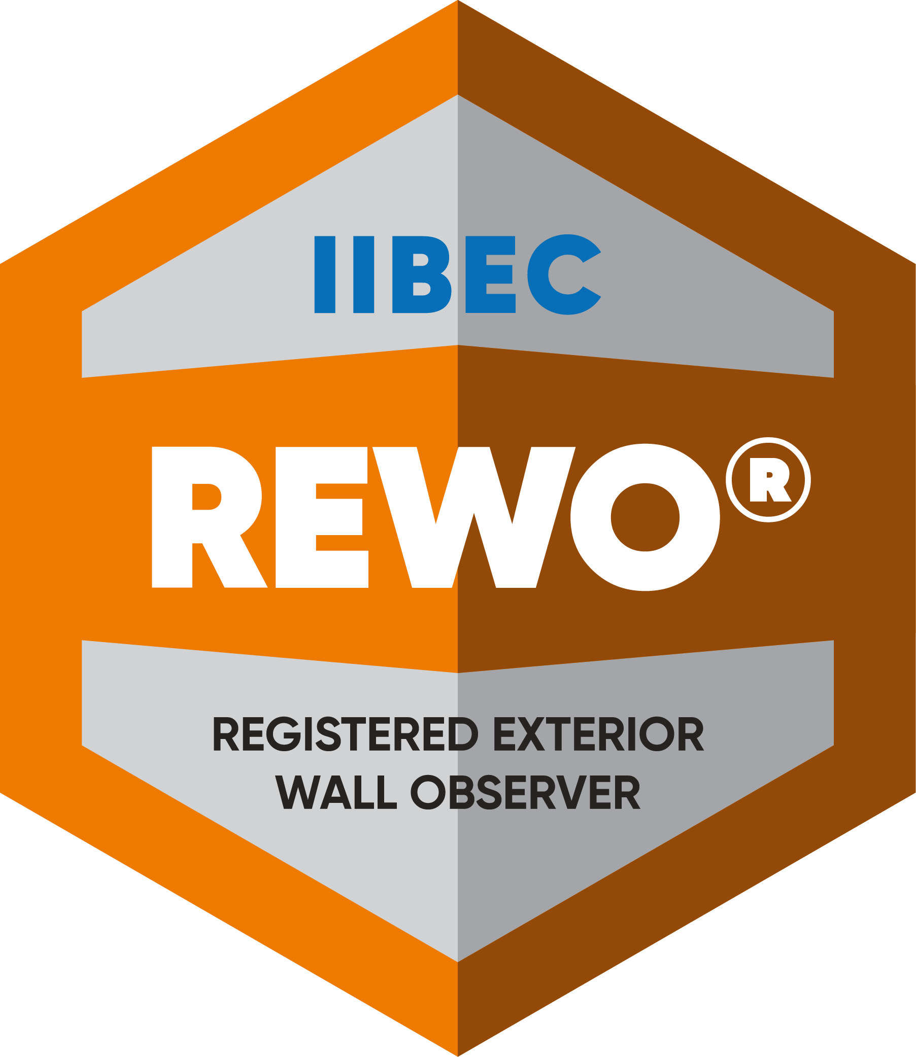 A badge with a shield shape divided into four sections. The top section has the text "IIBC" in blue on a gray background. The middle section displays the word "REWO" in white on a brown background with a registered trademark symbol. The bottom section has the words "REGISTERED EXTERIOR WALL OBSERVER" in black on a gray background.