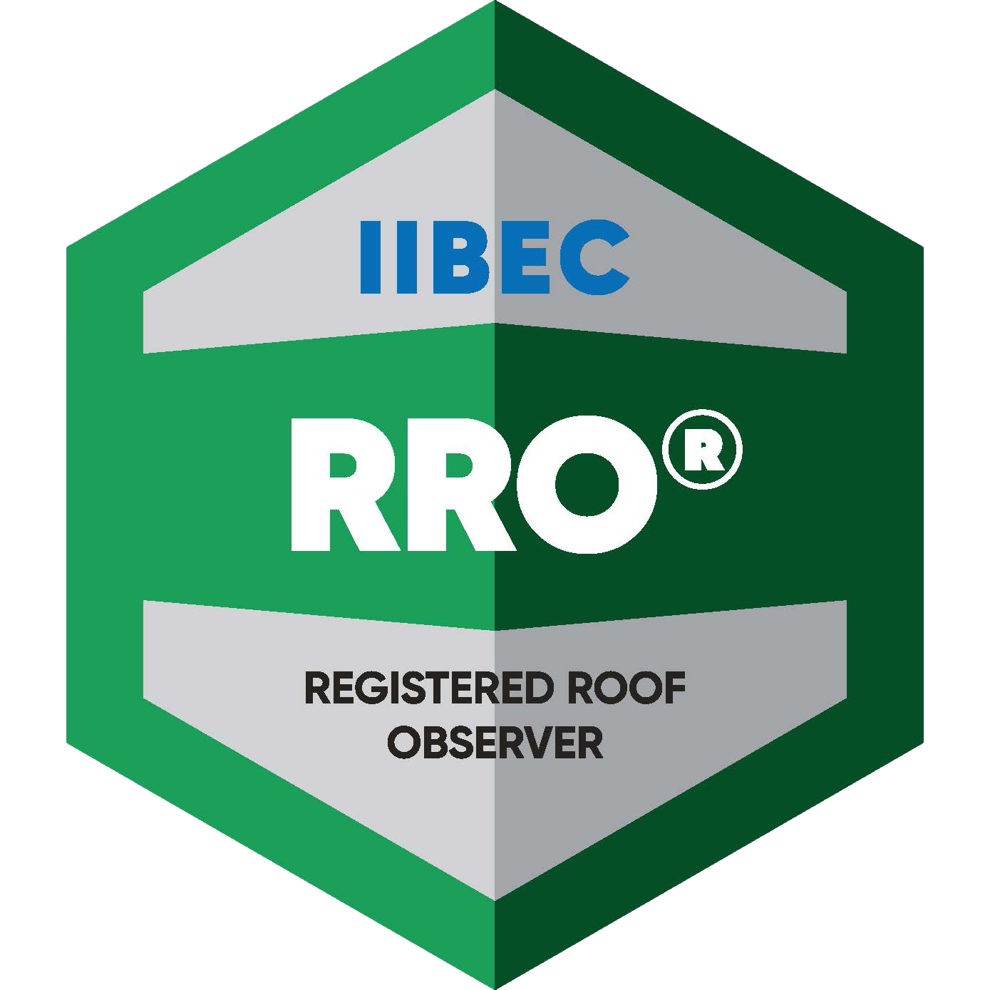 A green and gray badge for RRO, Registered Roof Observer, with the IBEC logo at the top.