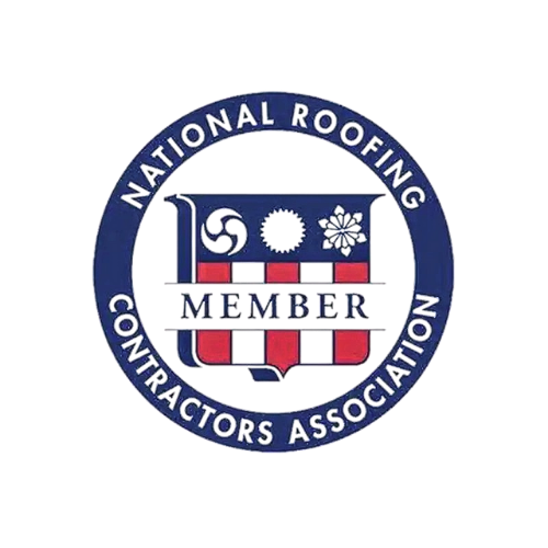 Logo of the National Roofing Contractors Association with blue circular border and icons of a roof, sun, and snowflake inside.