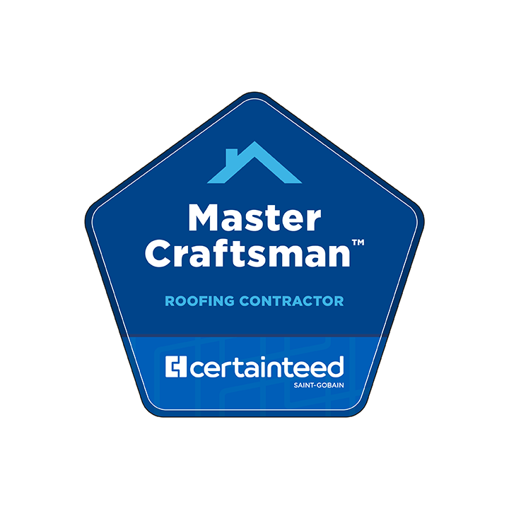 A logo for Master Craftsman Roofing Contractor by CertainTeed, featuring a blue pentagon shape with a house roof icon at the top, the text 'Master Craftsman' in bold white, 'ROOFING CONTRACTOR' in smaller blue font, and the CertainTeed logo at the bottom.