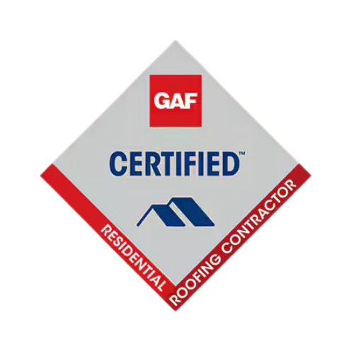 GAF Certified Residential Roofing Contractor badge with red, white, and blue design.