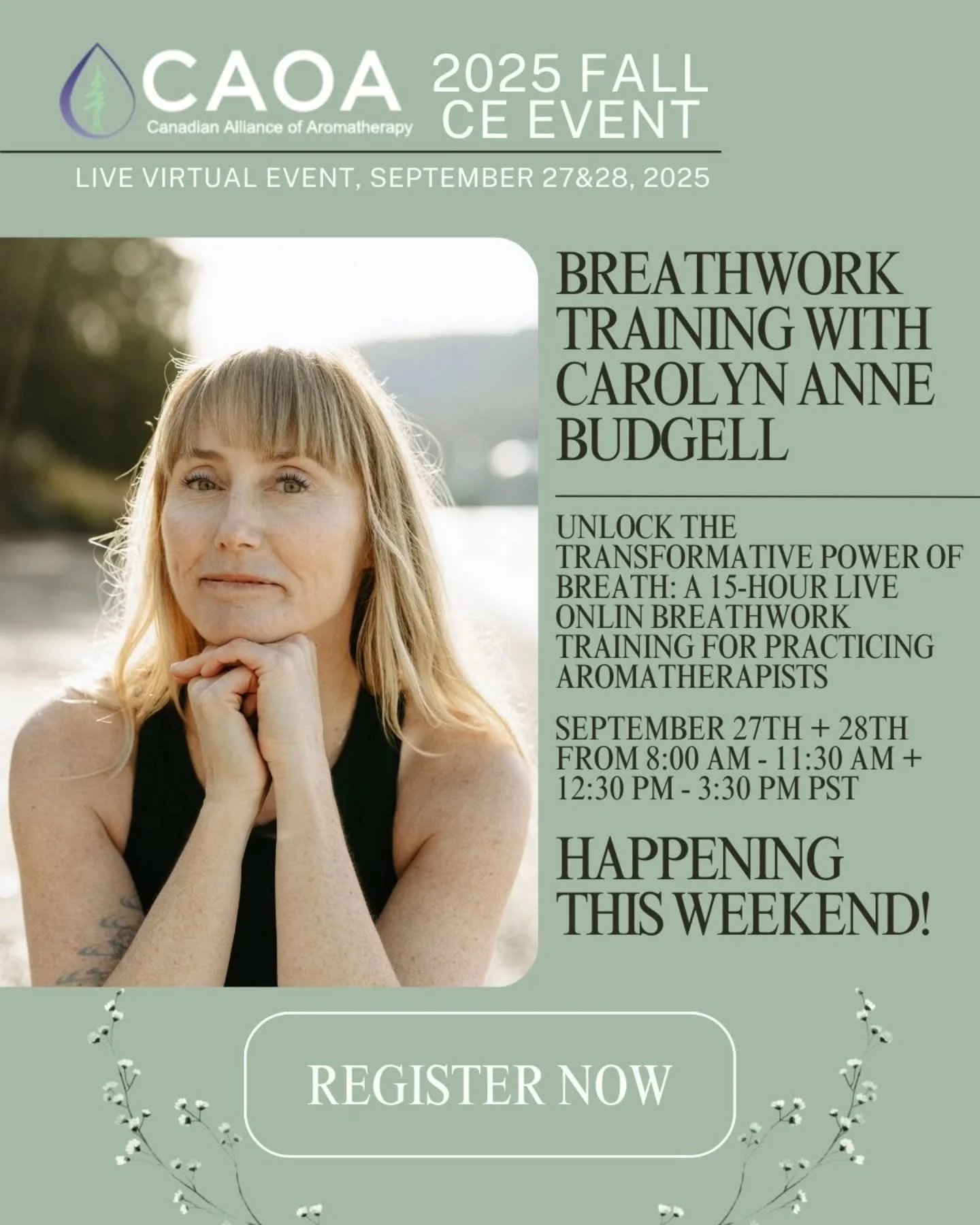 We're only 5 days out!!

If you haven't registered yet but want to attend you still have some time! Head over to https://www.caoa.ca/events/fall-breathwork-event2025 and claim your spot!

#caoa #aromatherapy #aromatherapyeducation #continueingeducati