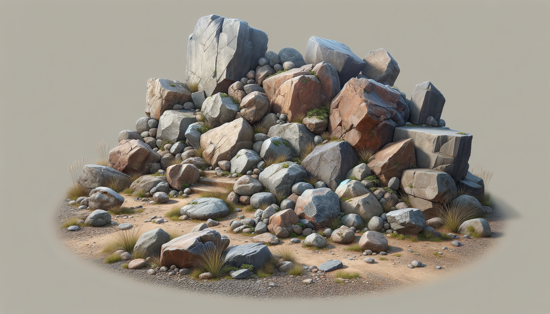 A dry, rocky terrain with various size rocks and boulders, some grass patches, and a dirt pathway, reminiscent of a desert or mountain landscape.