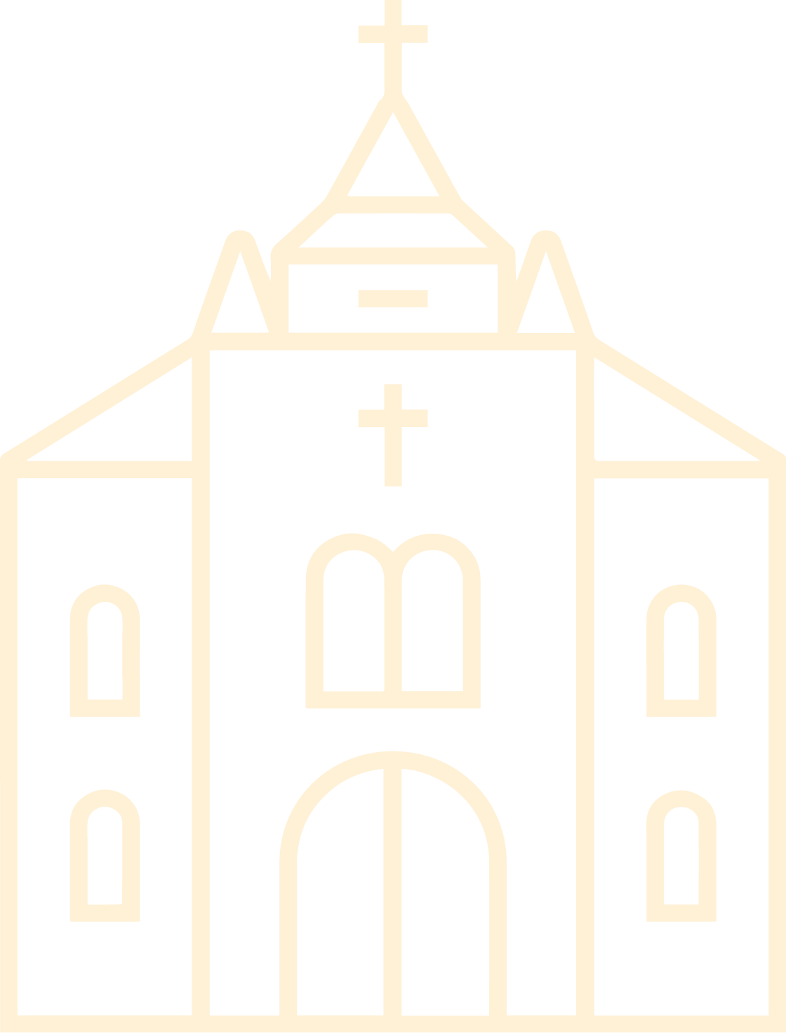 Line drawing of a church with a steeple, cross symbols on the front, and arched windows and doorways.
