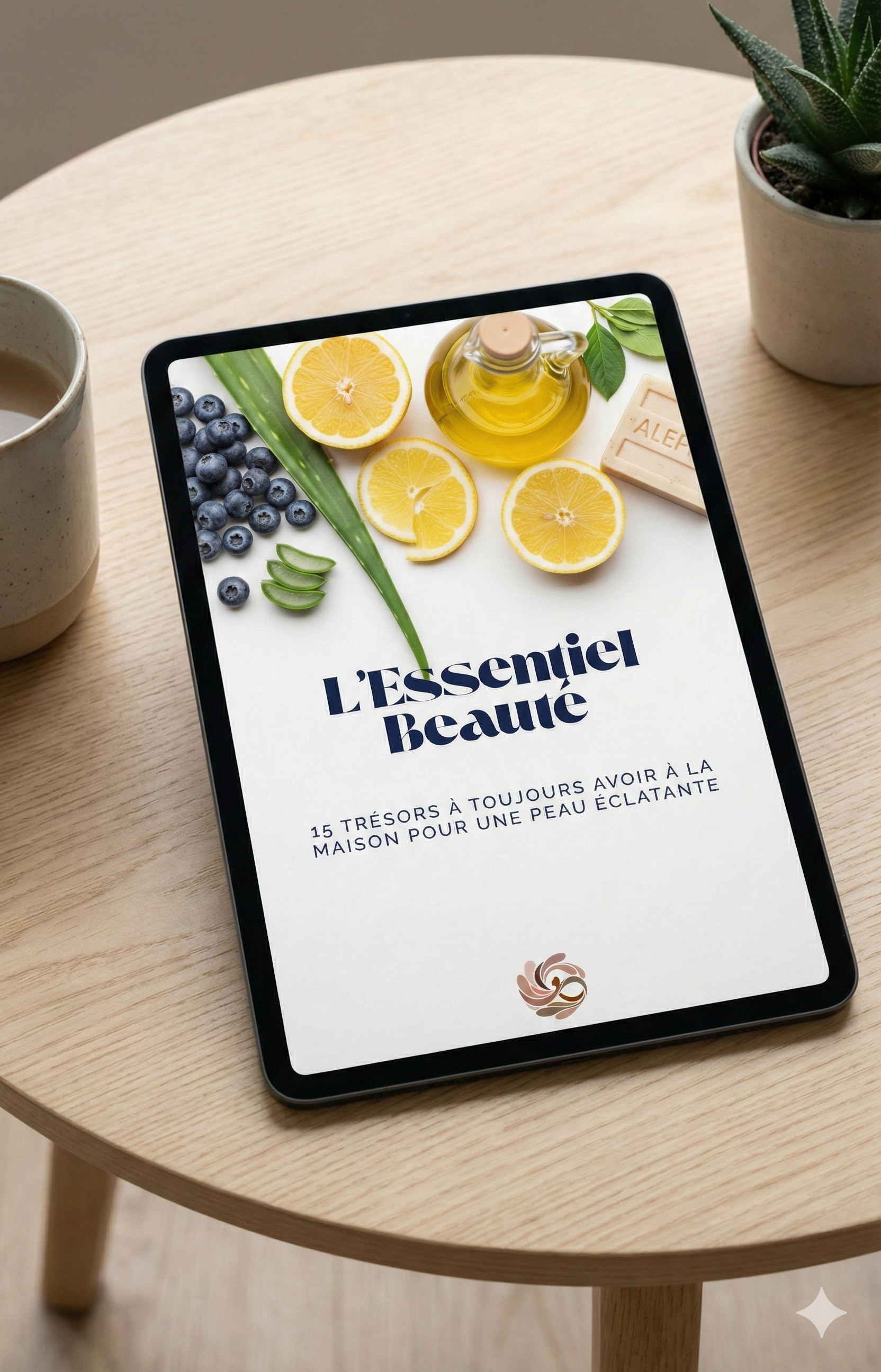 Une tablette affichant la couverture d'un livre intitulé "L'Essentiel Beauté" avec des tranches de citron, des myrtilles, une branche d'aloès et une bouteille d'huile dans un arrangement esthétique. La tablette est sur une table en bois claire, avec un mug à café à gauche et un pot de plante à droite.