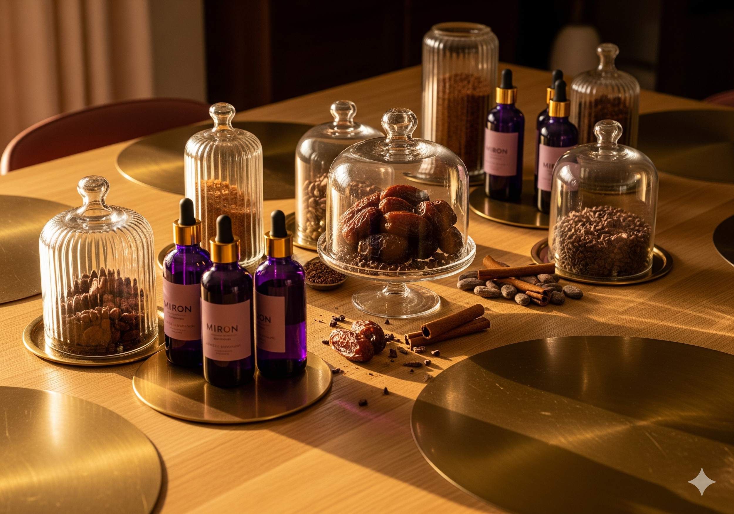 Une table en bois avec des couvercles en verre contenant des épices, des huiles avec compte-gouttes, des fruits une datte sur un support, des bâtons de cannelle, des gros grains de poivre, et une musique