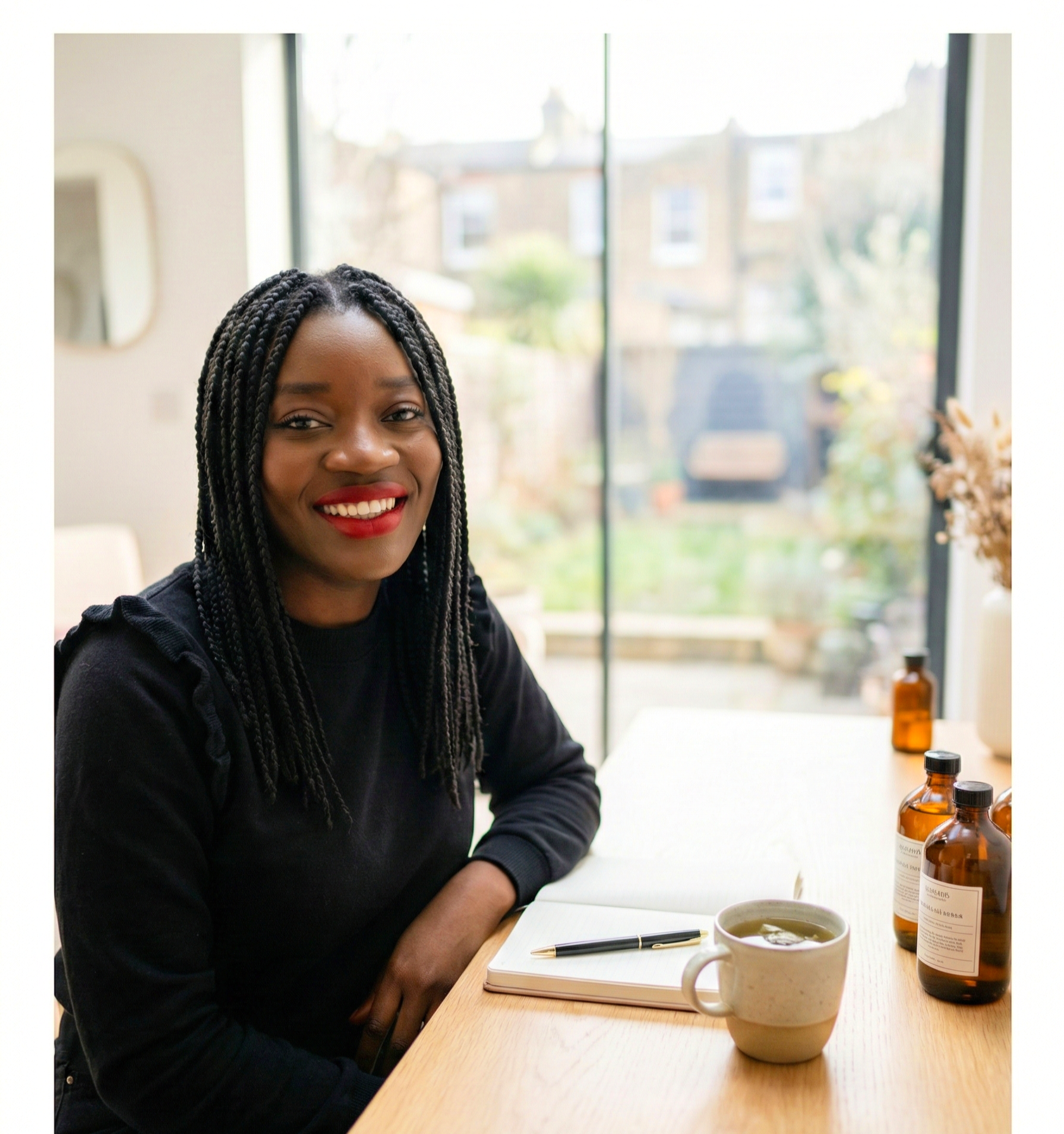 Femme souriante avec des tresses noires, assise à une table avec un carnet, un stylo, une tasse de thé et des bouteilles en verre dans une pièce lumineuse avec une grande fenêtre et un jardin en arrière-plan.