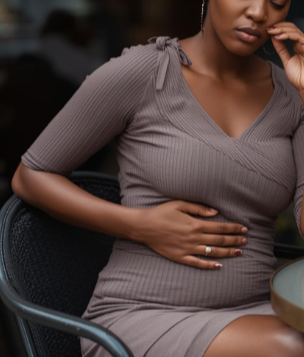 Une femme assise, portant une robe grisâtre avec des détails à l'épaule, tenant son ventre avec une main.