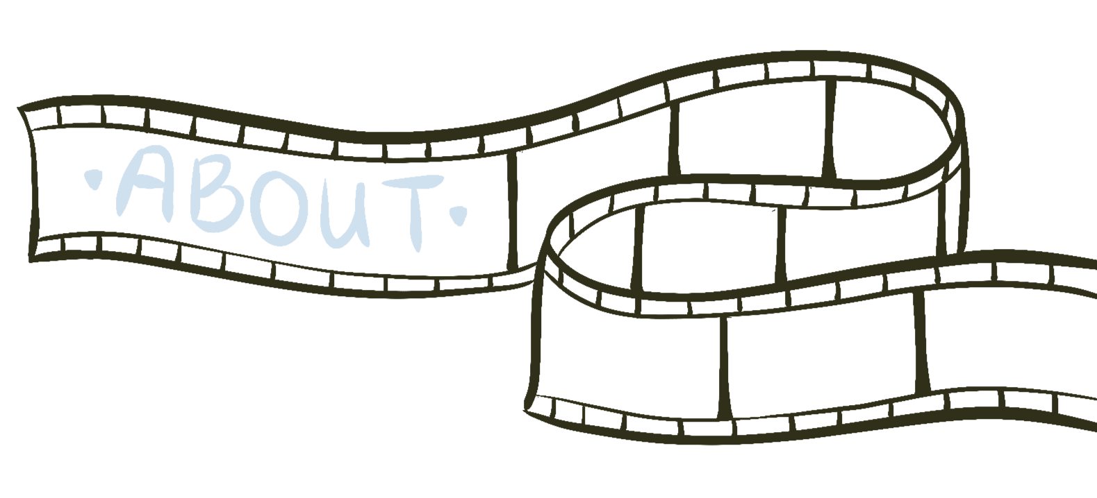 A stylized film strip with the word 'ABOUT' written in light blue on one of the sections.