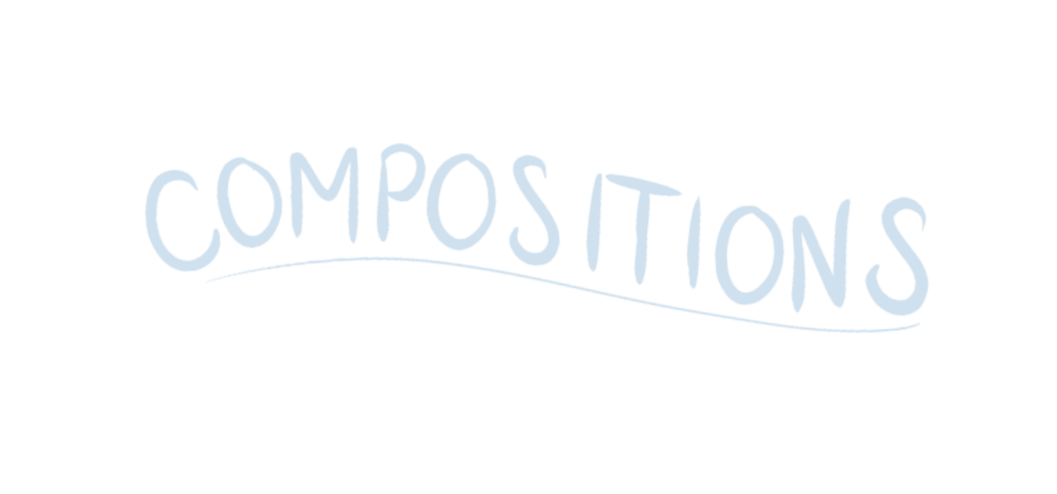 Hand-drawn word "COMPOSITIONS" in light purple on a black background.