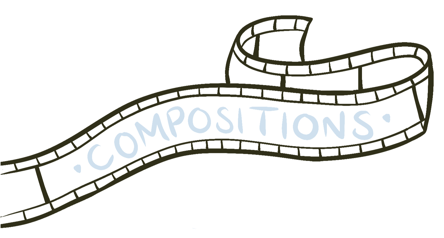 A stylized black film strip with the word '.COMPOSITIONS' in light blue handwritten font across it.