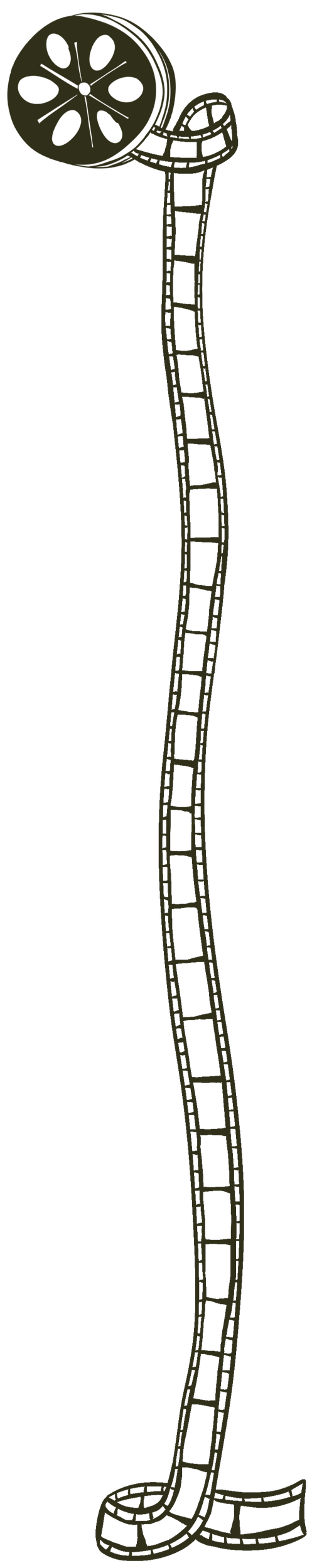 Illustration of a film reel with a strip of film extending downward in a coiled manner.