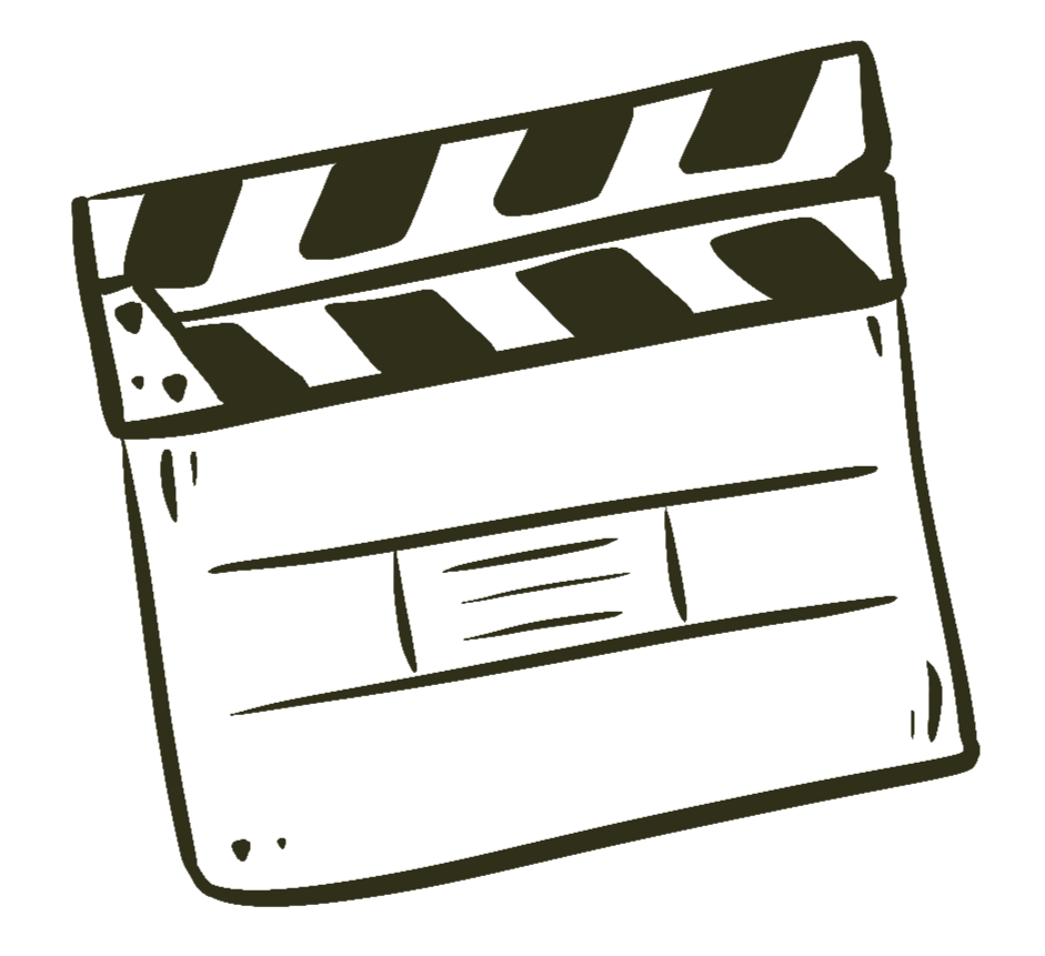 Hand-drawn illustration of a director's clapboard with diagonal stripes on the top part and lines on the bottom part.