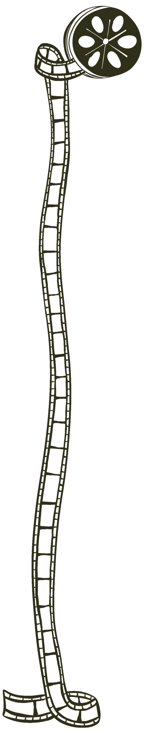 A stylized illustration of a film reel with a long, winding strip of film extending downward in a whimsical manner.