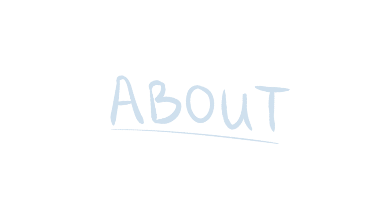 Handwritten word 'ABOUT' on a black background in light blue ink.