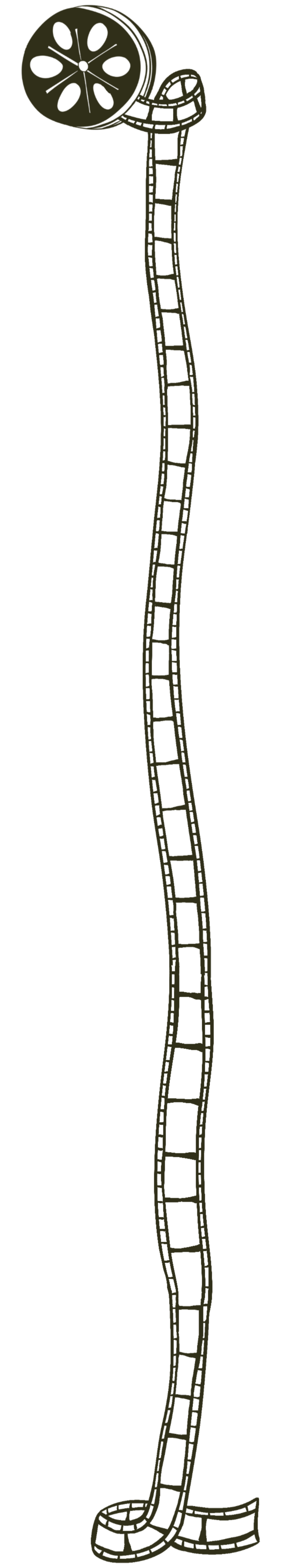 An outline illustration of a film reel connected to a film strip, curved into a vertical shape.