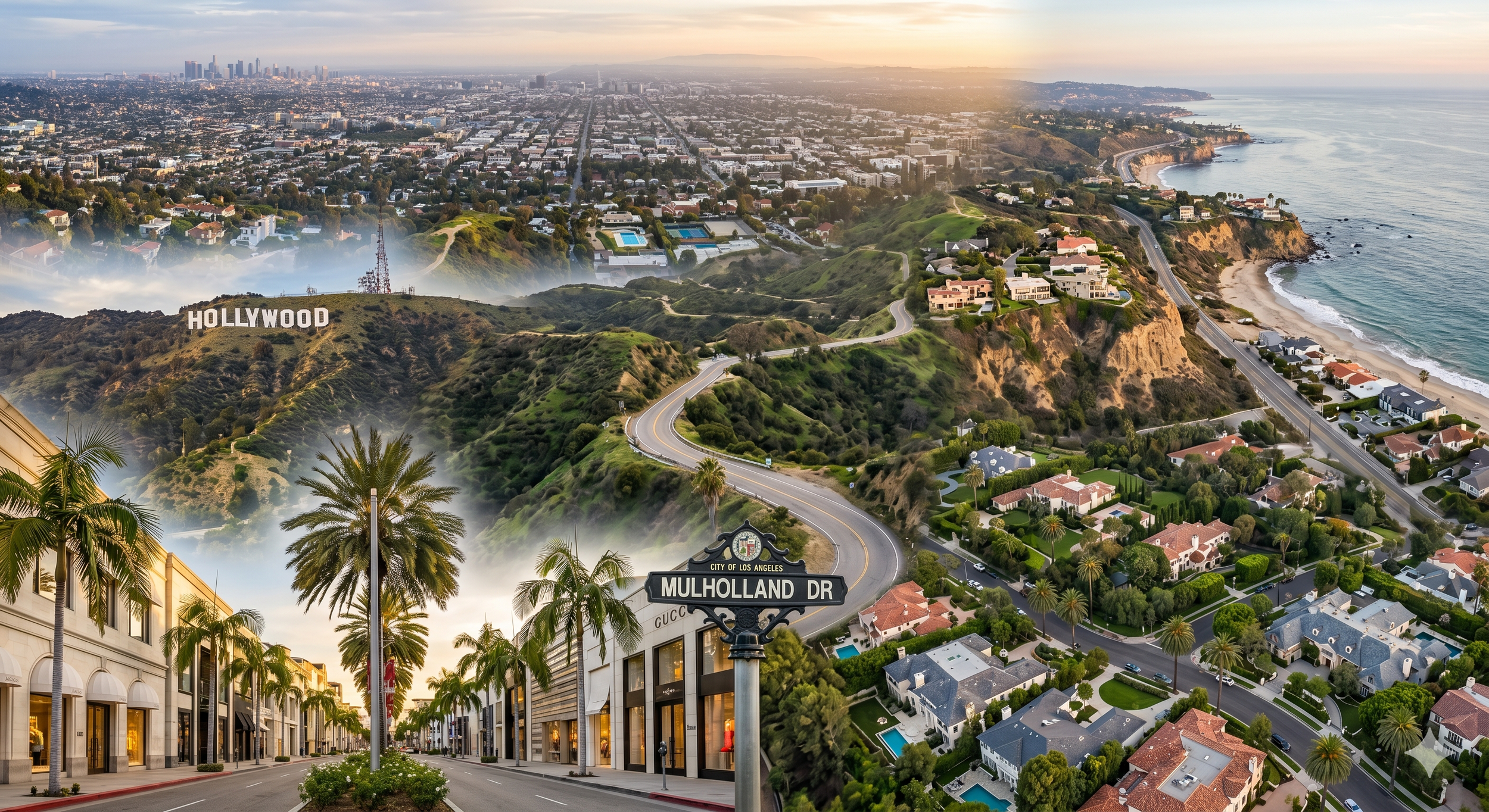 Aerial view of Los Angeles with Hollywood sign, Mulholland Drive street sign, cityscape, and coastline with beaches and ocean.
