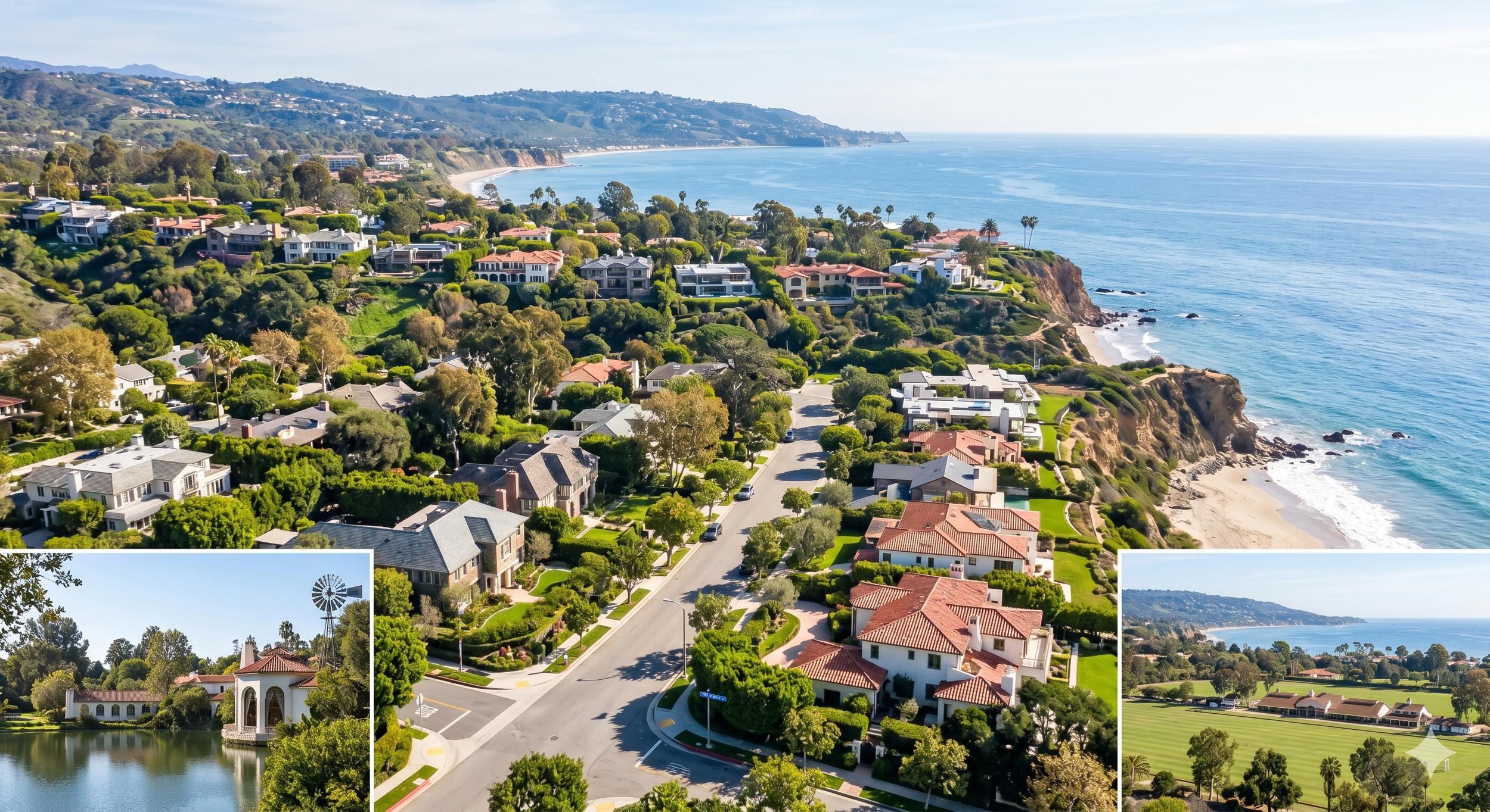 Aerial view of a coastal residential neighborhood with houses, lush greenery, roads, and a beach along the ocean.
