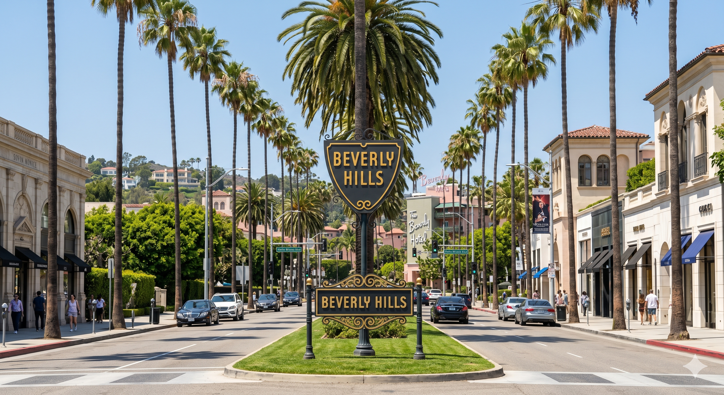 Street view in Beverly Hills with palm trees, luxury shops, and pedestrians, featuring two signs that read 'Beverly Hills' and a sign for The Beverly Hills Hotel.